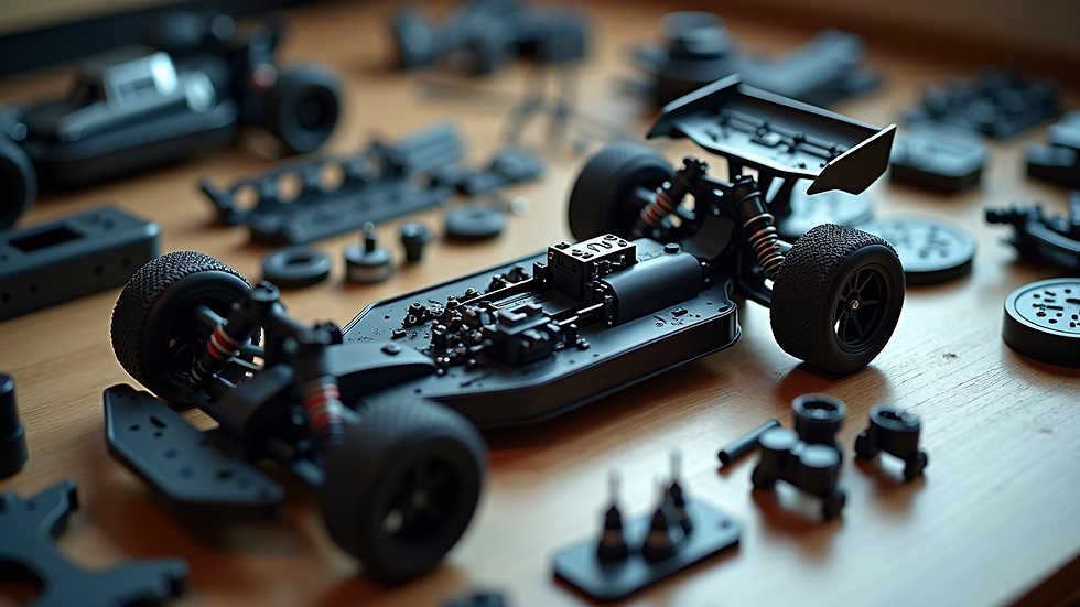 High angle view of a collection of RC car parts laid out for assembly