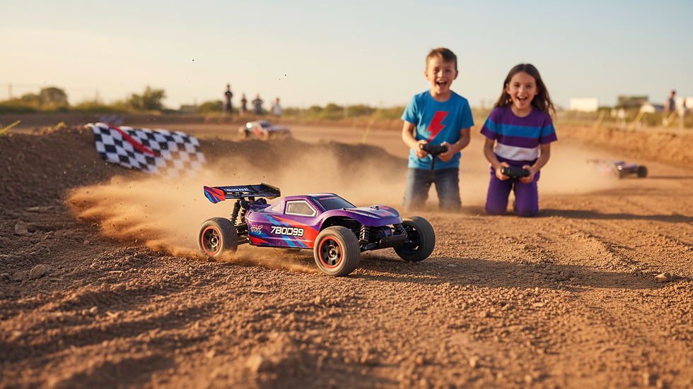 Eye-level view of an electric RC car racing on a dirt track