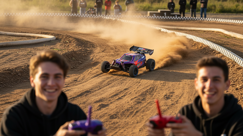 High angle view of a ZD Racing RC car racing on a dirt track