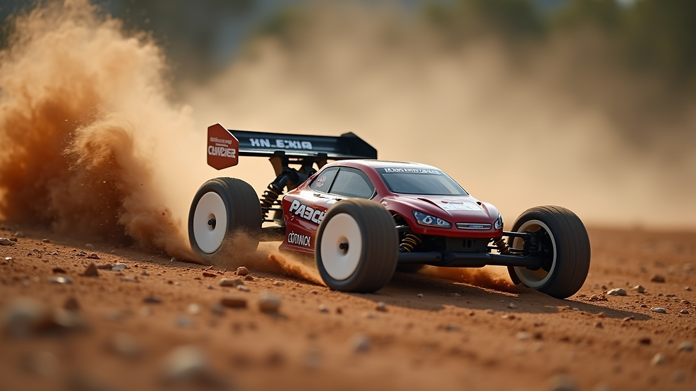 High angle view of a brushless RC car racing on a dirt track