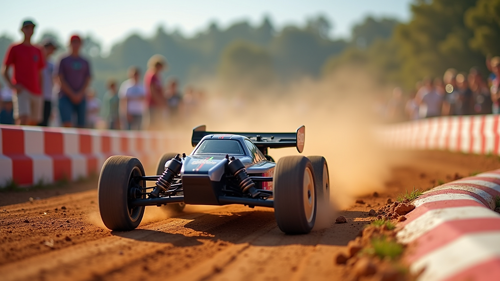 Close-up view of a high-performance RC car speeding on a dirt track