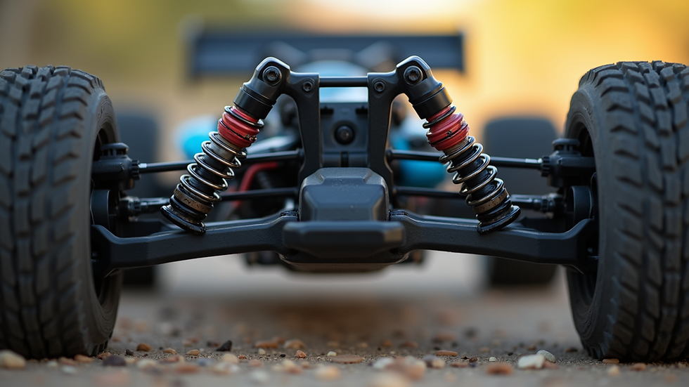 Eye-level view of upgraded oil-filled shocks on an RC car