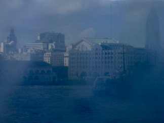 The Montevideo skyline through the frosty windows the BuqueBus
