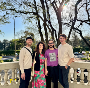 Austin, Marjorie, Gus, and Jack on the terrace at Parva Domus Magna Quies, a self-proclaimed micronation