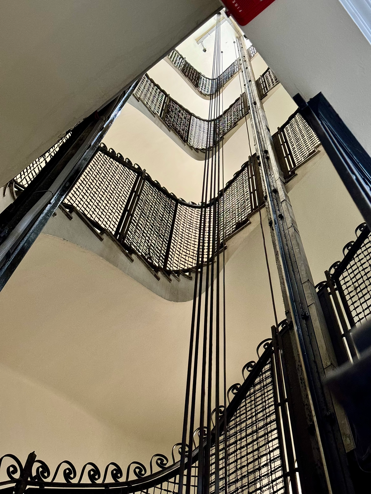 Stairwell and elevator shaft at the Instituto de Cultura Uruguayo-Brasileño