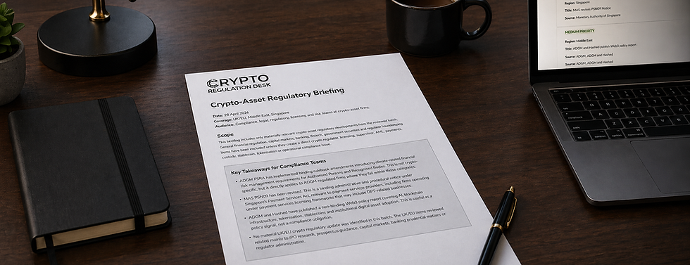 Crypto regulatory intelligence briefing document on desk