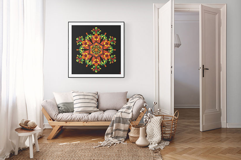 Thumbnail: Colorful snowflake geometry wall print by Scaled Dimensions