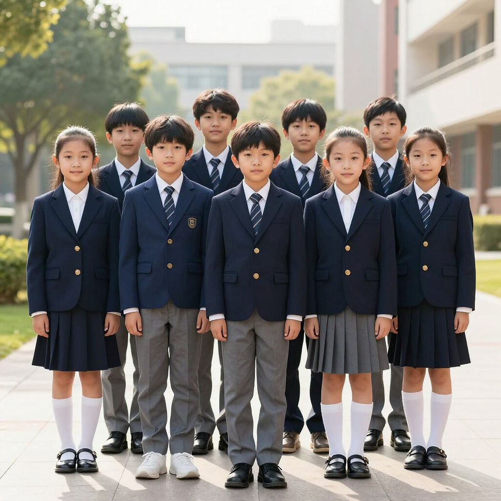 Students in rooted wear school uniforms standing outside.