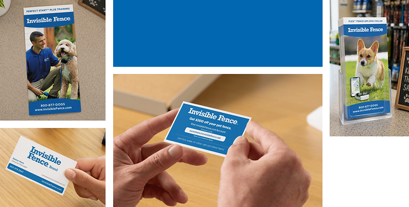 Business card design for Invisible Fence, shown being handed between people, featuring front and back layouts with blue branding and promotional messaging.