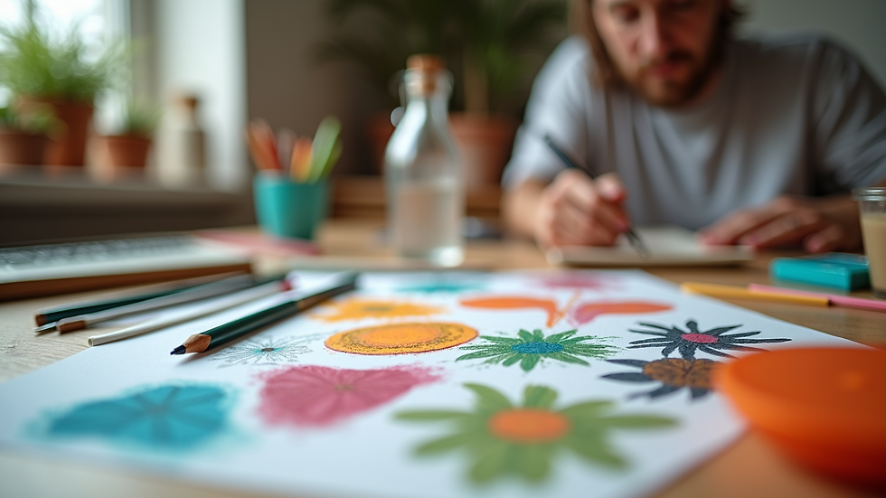 Close-up view of colourful craft supplies arranged on a table