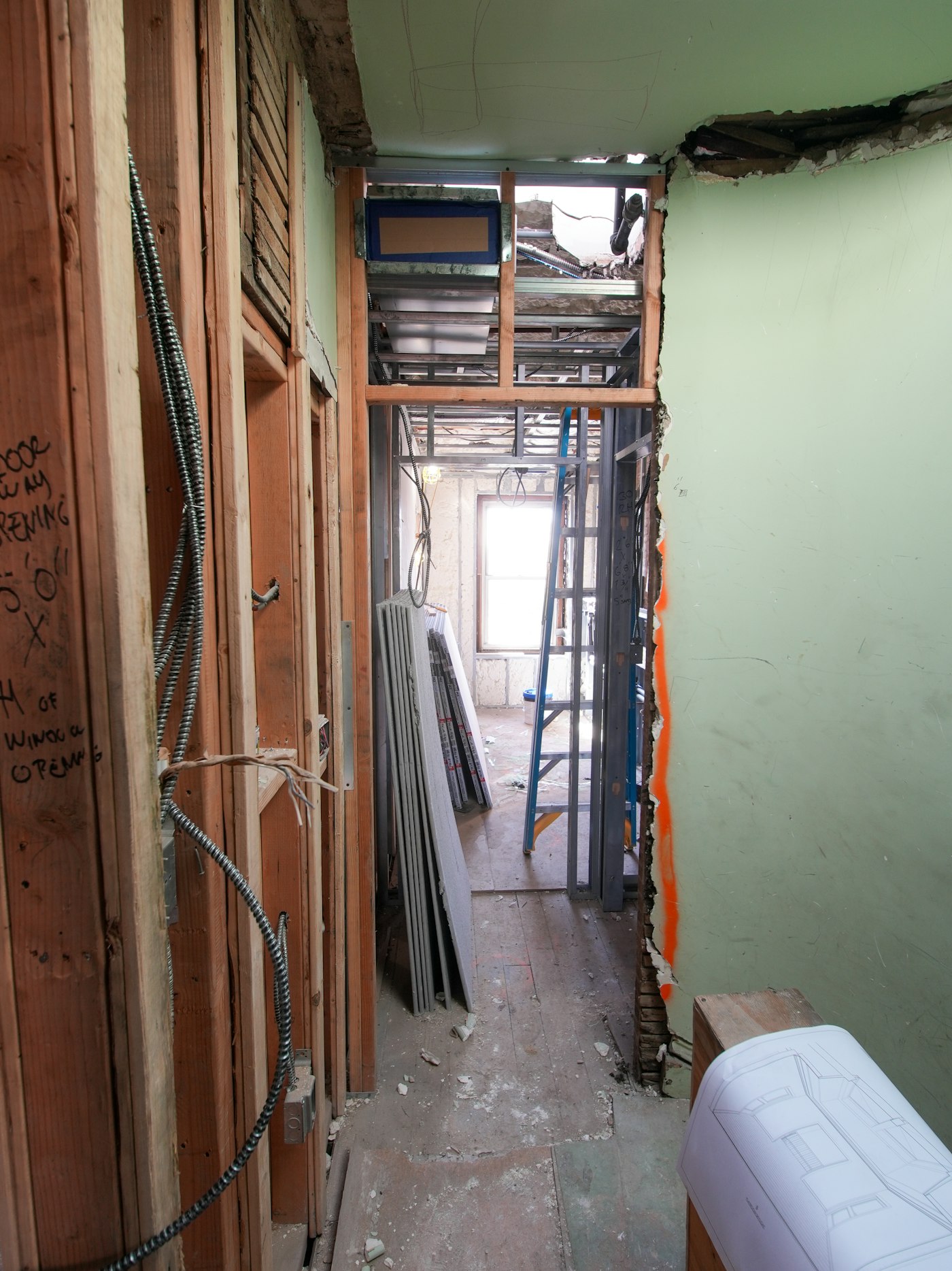 Residential interior opened to the framing during renovation