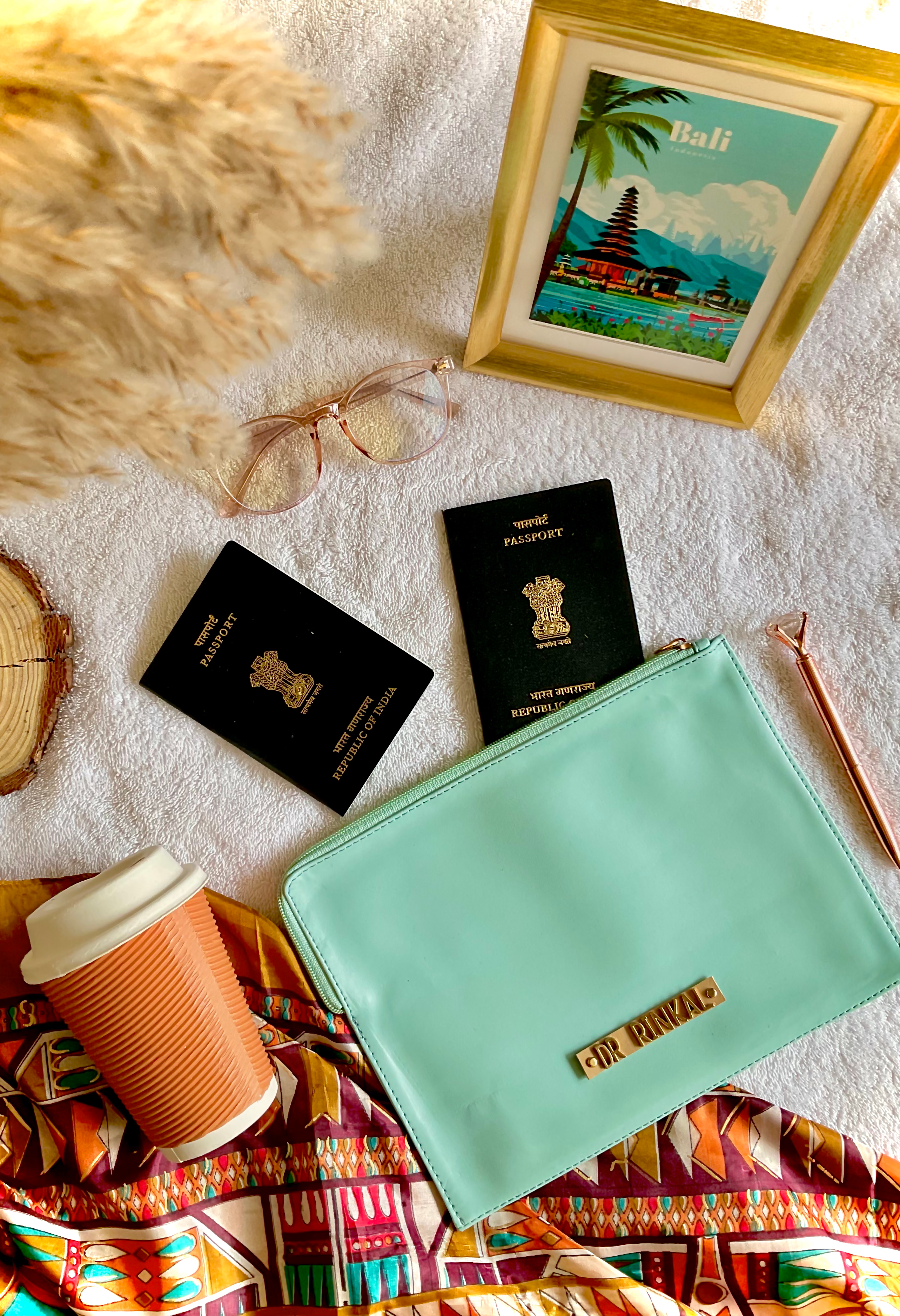 Light Blue Faux Leather Flat Travel Pouch