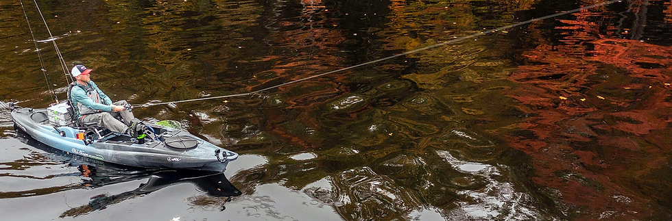 An overhead view of a kayaker casting a fishing reel looking for fish.