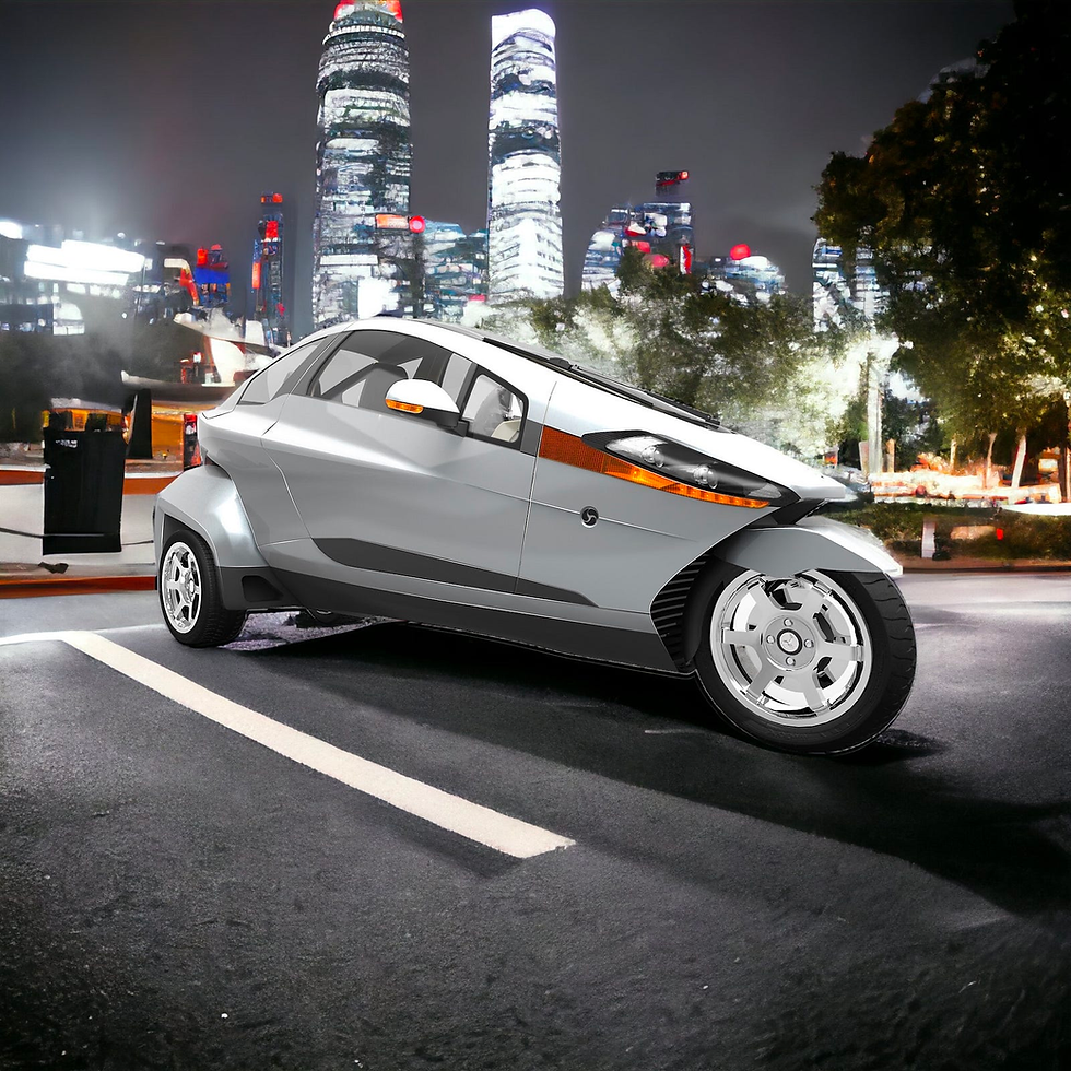 A parked Helix electric autocycle with a cityscape in the background.