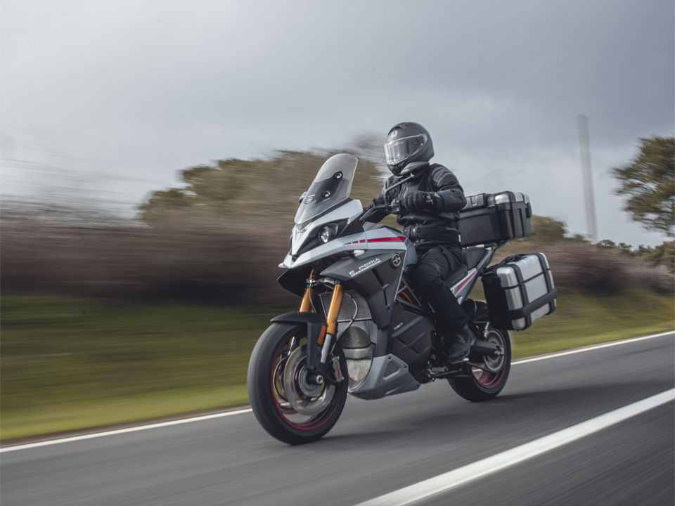 A riding enthusiast on his Experia electric touring motorcycle. 