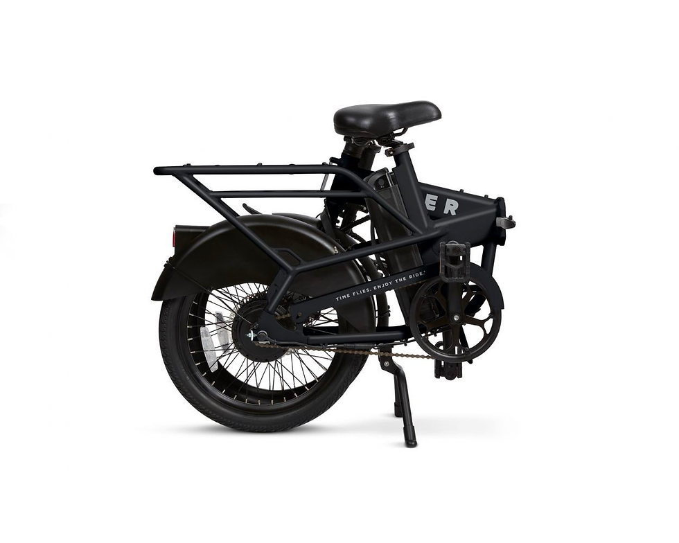 The Flyer Electric Cargo Bike is folded very compactly in this picture.