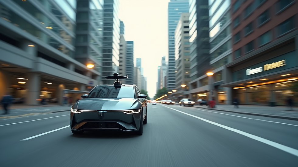 Wide angle view of a futuristic self-driving car in an urban setting