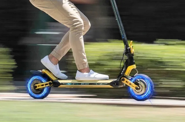 A closer look at a Thunder electric scooter being ridden in a park