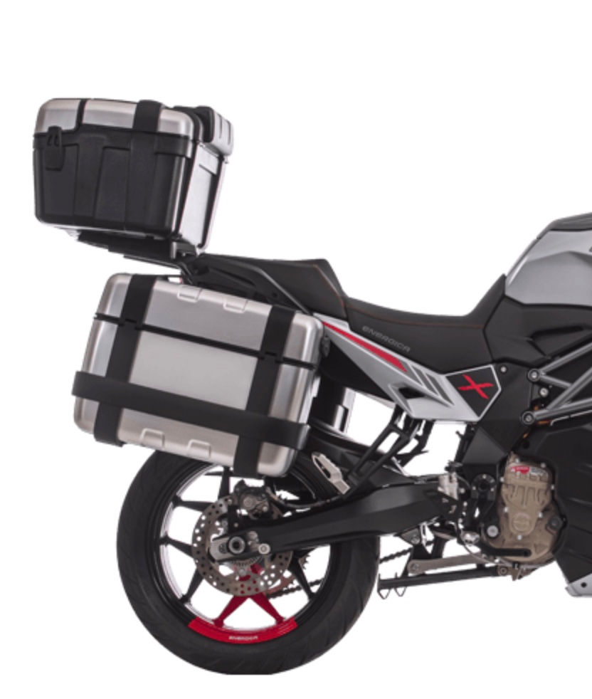 A close-up view of the top and side storage included with this electric touring motorcycle. 