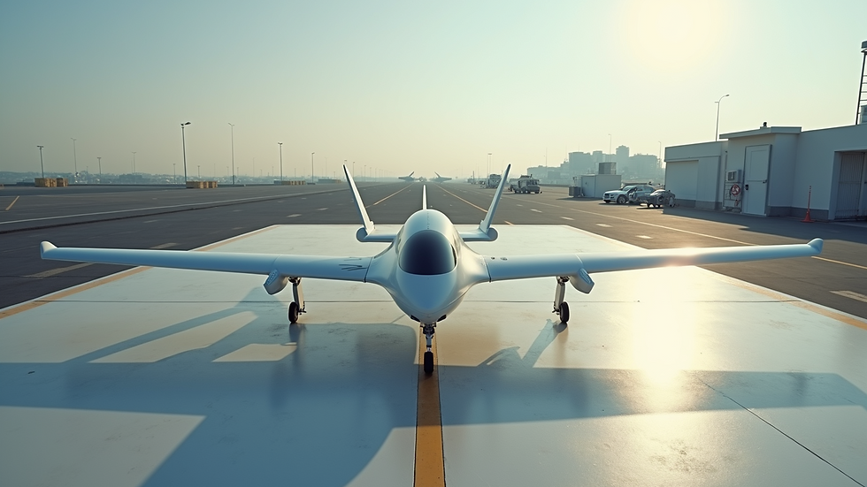 High angle view of an eVTOL aircraft prototype on a rooftop landing pad