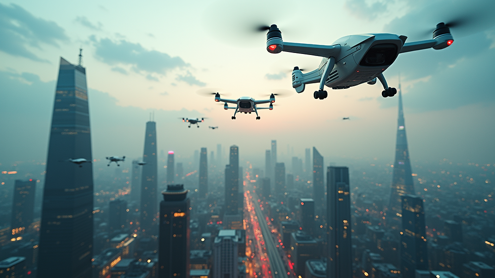 High angle view of a futuristic urban skyline with flying taxis in the sky