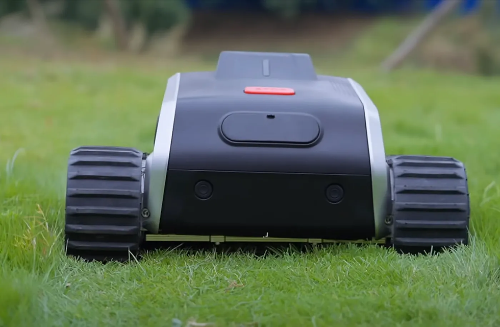 A rear look at the Lymow One Robot Mower and its 16" width