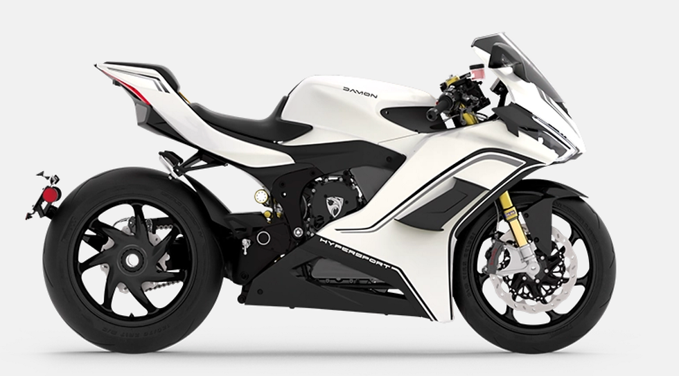 A side-view of the Damon Hypersport Premier electric motorcycle in white