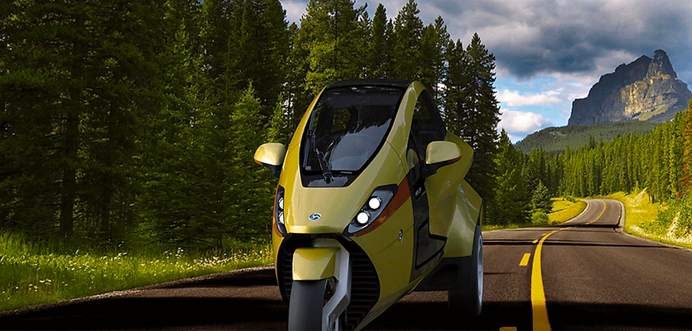 A green Helix electric autocycle on a wilderness road.