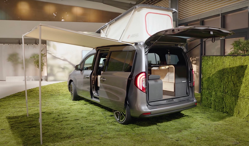 A view from behind of the Mercedes Benz EQT Marco Polo Camper van. 
