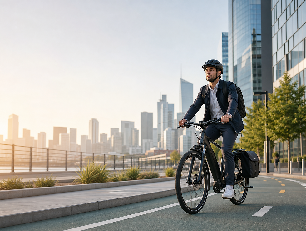 An ebike rider taking a daily commute with a city in the background