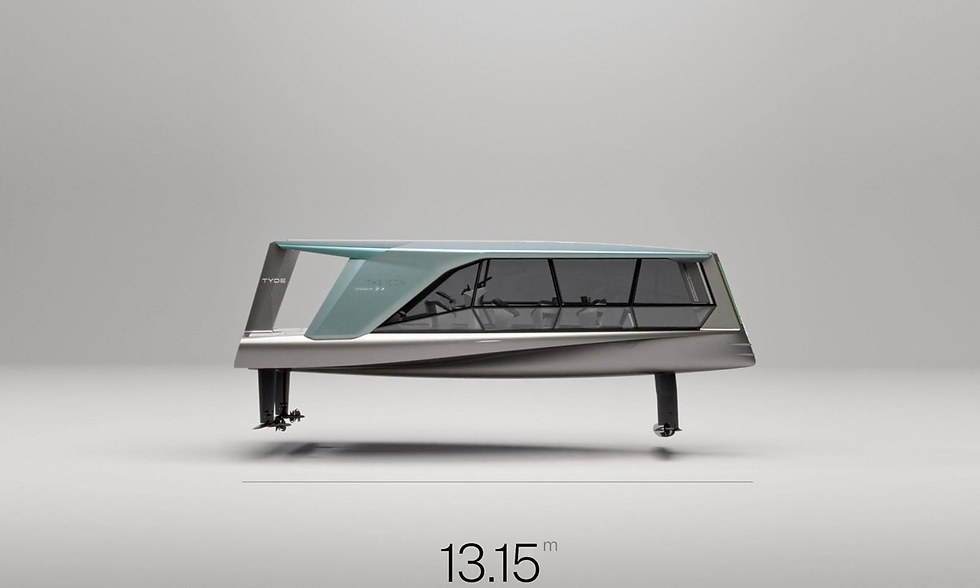 A side view of the Icon Foiling watercraft out of the water.