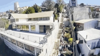 Downhill biking on endless stairs.
