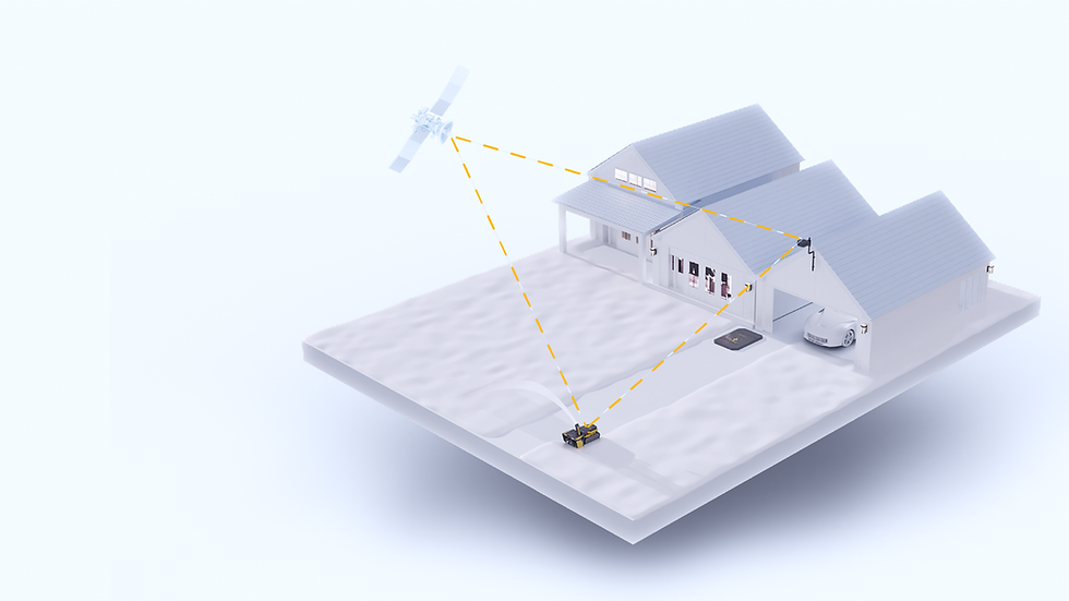 A diagram showing the S1 Snow Thrower working with the RTK transmitter and the orbiting satellite above.