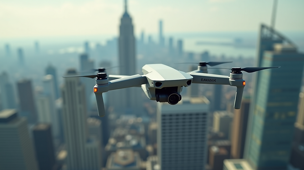 Close-up view of a futuristic drone flying over a cityscape