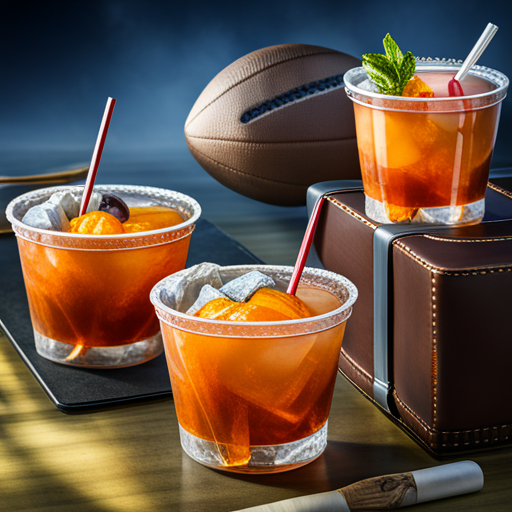 A few different old fashioned cocktails with a football in the background.