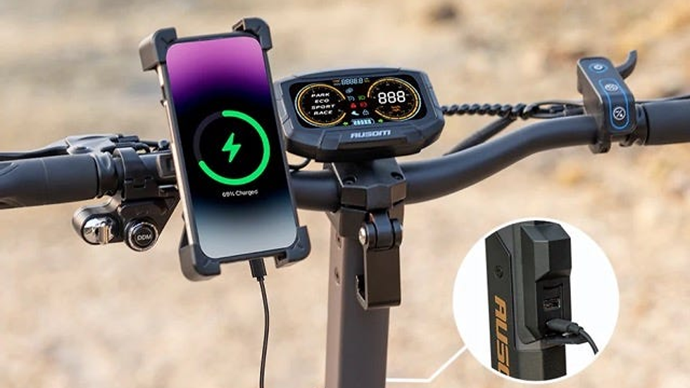 A closer look at a smartphone charging with the onboard USB connection of the Ausom L2 Max Electric Scooter