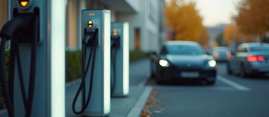 A closer look at EV chargers with cars parked nearby 