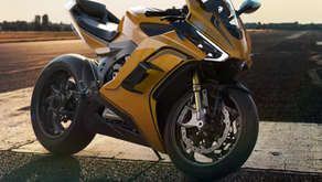 A parked Damon Hypersport Premier electric motorcycle on full display 