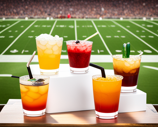 A view of 5 different cocktails with a view of a football field in the background