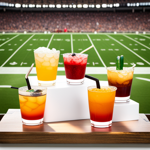 A display of 5 different cocktails with a football field in the background.
