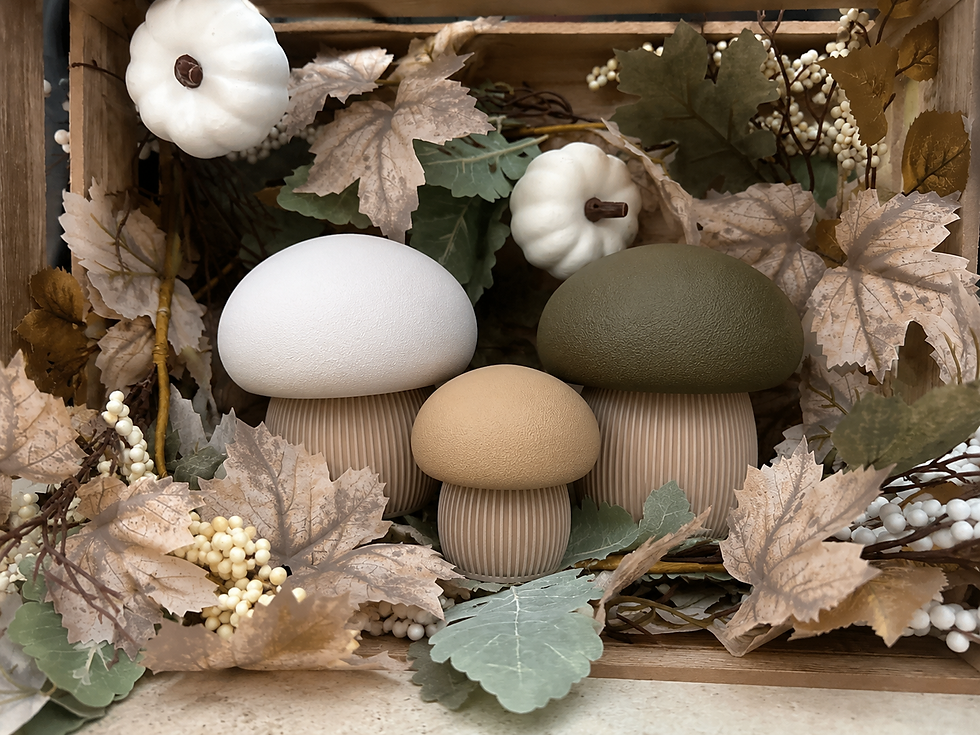 Thumbnail: Set of three Japandi mushroom storage containers with ribbed bases and textured caps