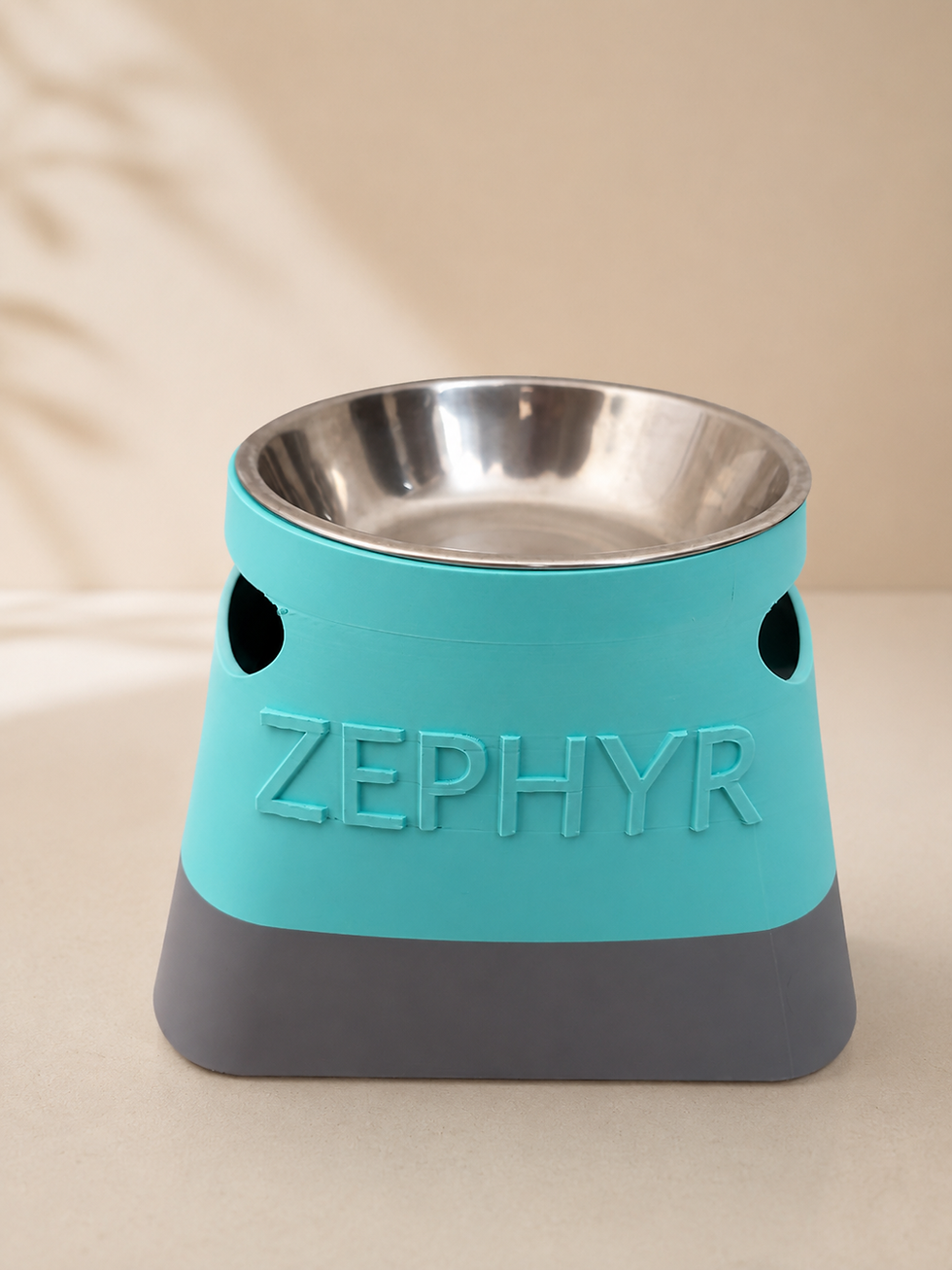 Personalized elevated pet bowl with custom pet name and stainless steel bowl
