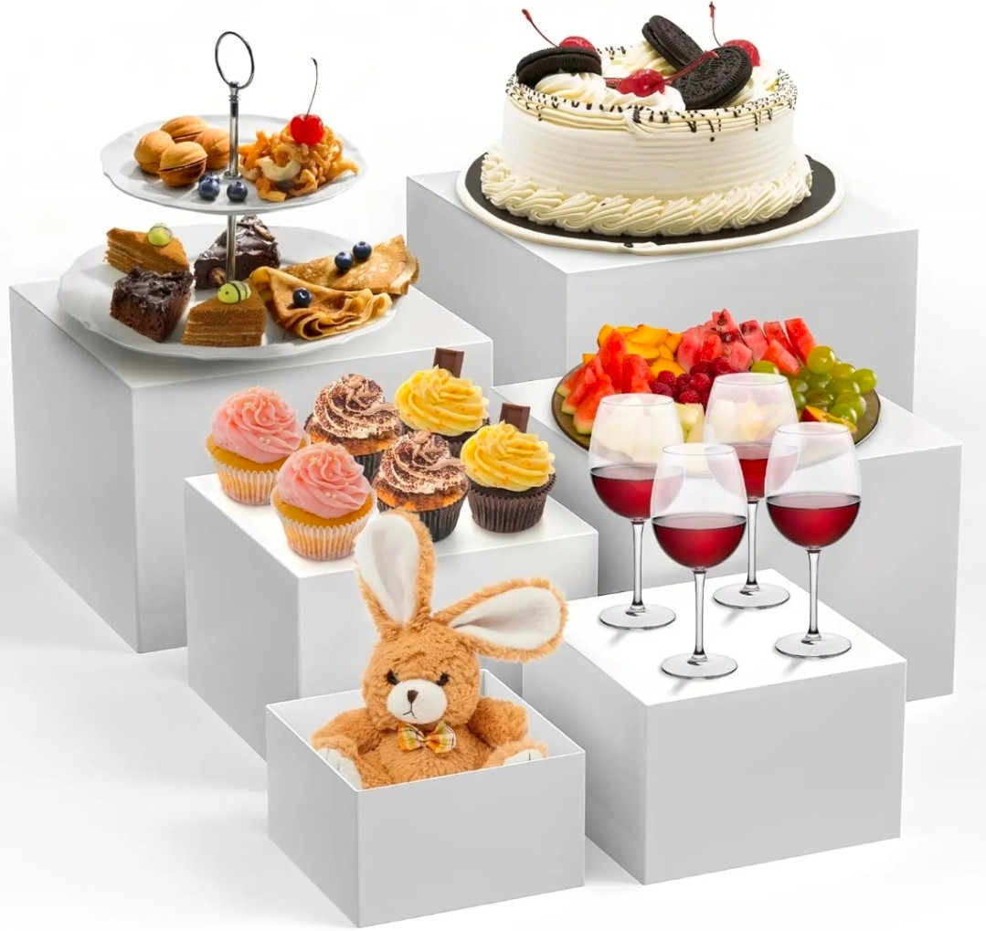 6 Pcs Buffet Risers White Metal Display Stands Cube Boxes with Hollow Bottoms