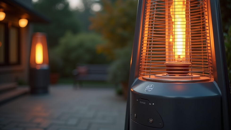 Close-up view of a propane patio heater with visible flame inside the glass tube
