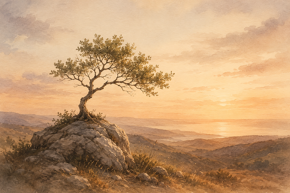 Ilustración en acuarela de una roca solitaria frente a un paisaje al atardecer, inspirada en Quedarse, el segundo libro de Milagros Ruiz.