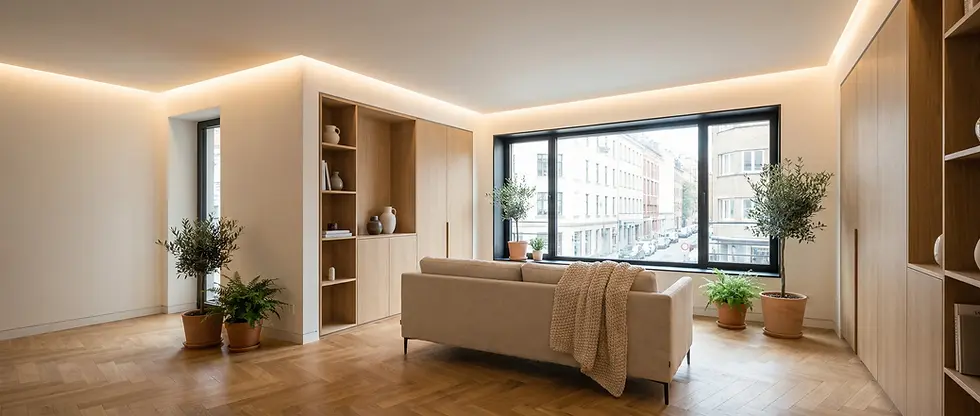 Living modern renovat cu mobilier din lemn integrat, parchet din lemn natural, plante decorative și ferestre mari pentru lumină naturală