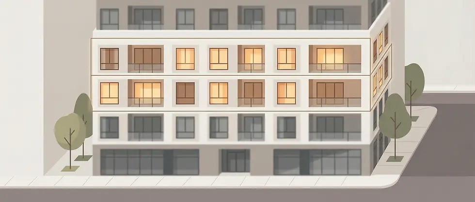 Clădire de apartamente cu ferestrele etajelor intermediare iluminate, aratând diferitele niveluri locative