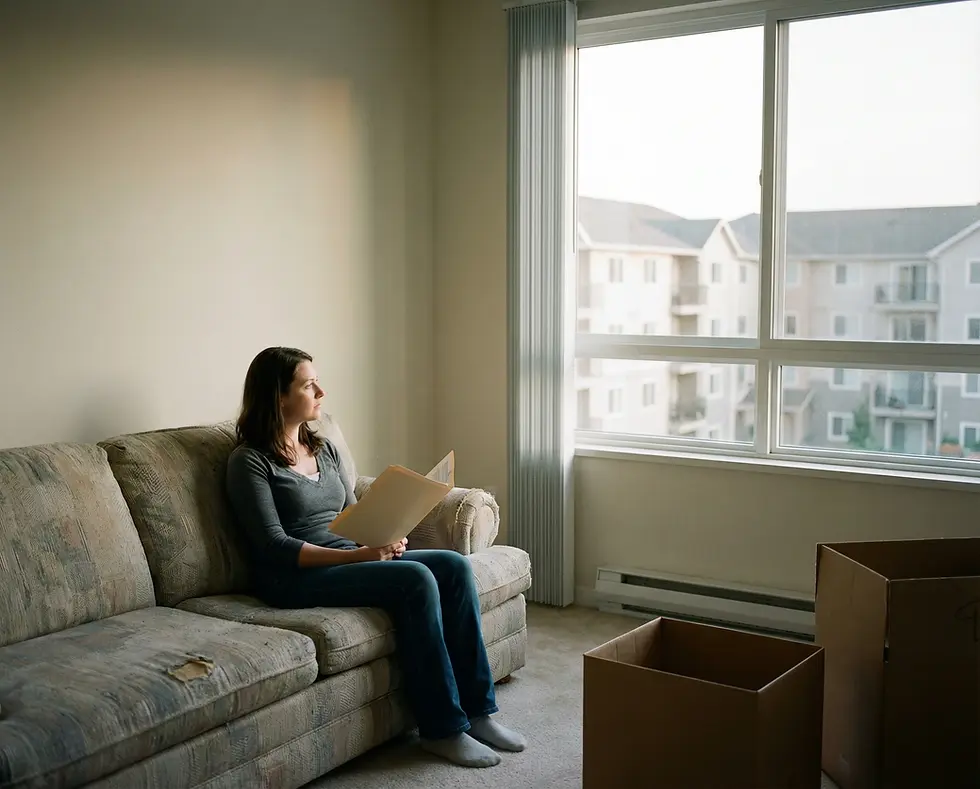 Femeie citind documentele pentru cumpărarea unui apartament