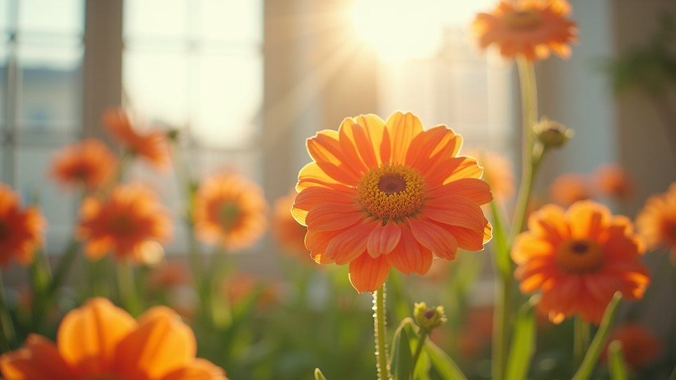 Eye-level view of a vibrant flower arrangement in a bright setting