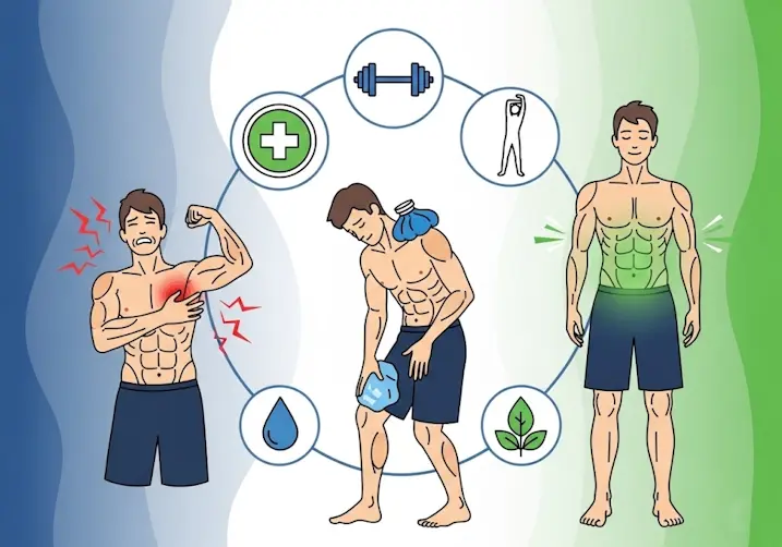 A vector illustration depicting the stages of muscle pain recovery, from a man in pain to applying an ice pack and finally to a healed state, surrounded by icons for health, exercise, stretching, hydration, and nature.